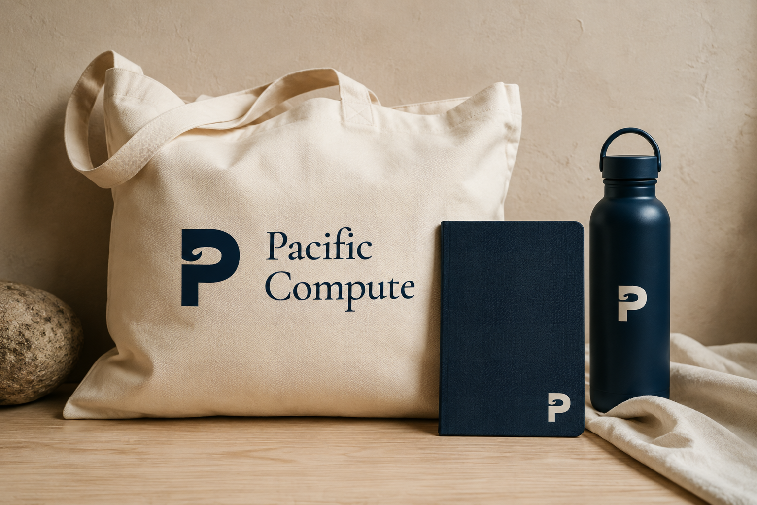Canvas tote with the full signature, notebook and bottle with the standalone P